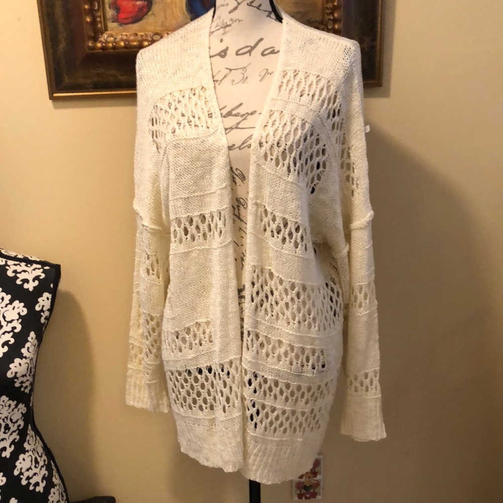 Ultra soft mixed knit crochet long sleeve open duster cardigan